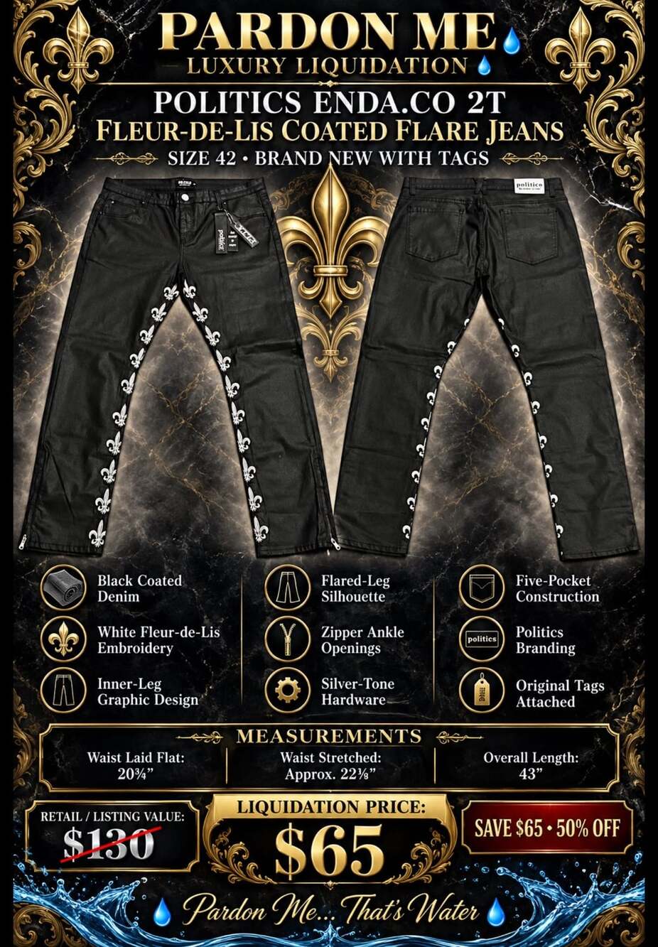 Politics Enda.Co 2T Fleur-de-Lis Coated Flare Jeans - Black & White